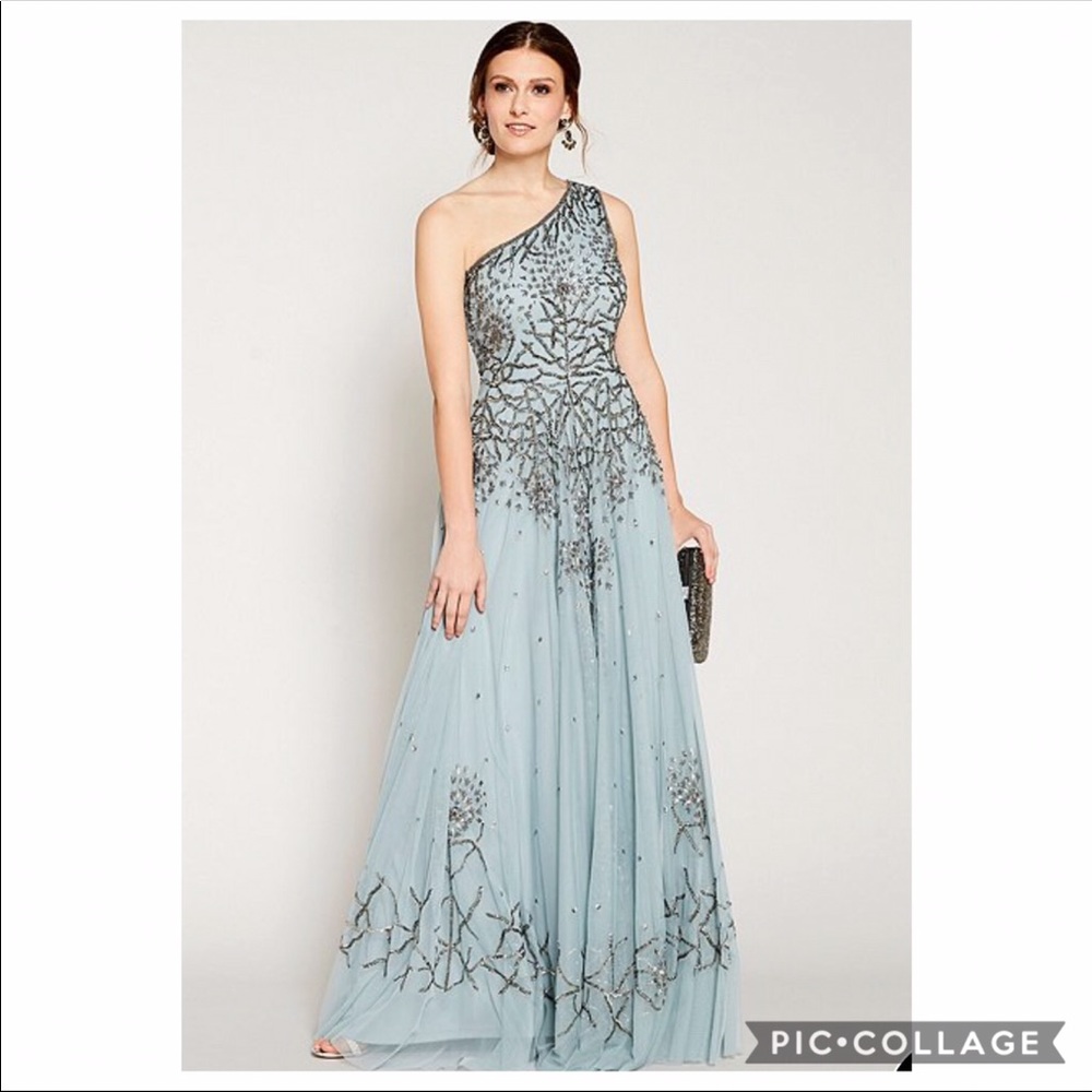Adrianna Papell one shoulder light blue beaded long gown